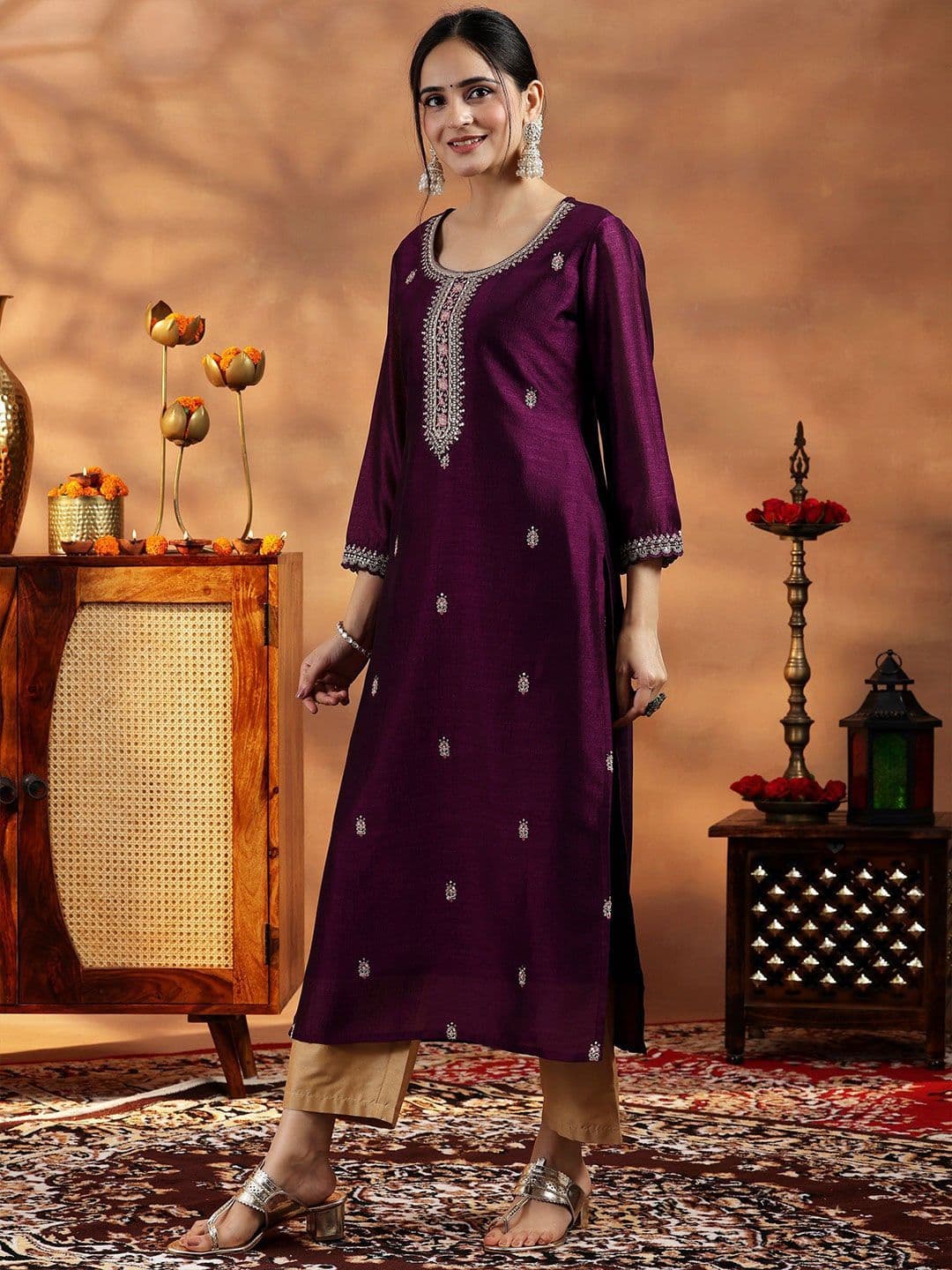 Libas Women Burgundy Embroidered Silk Straight Kurta thumbnail 5