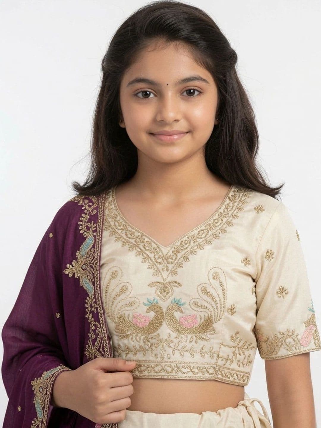 Closin Girls Embroidered Thread Work Ready to Wear Lehenga & Unstitched Blouse With Dupatta thumbnail 3