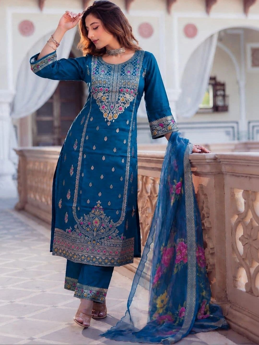 Veera Collection Women Ethnic Motifs Embroidered Regular Thread Work Kurta with Trousers & With Dupatta - view 1