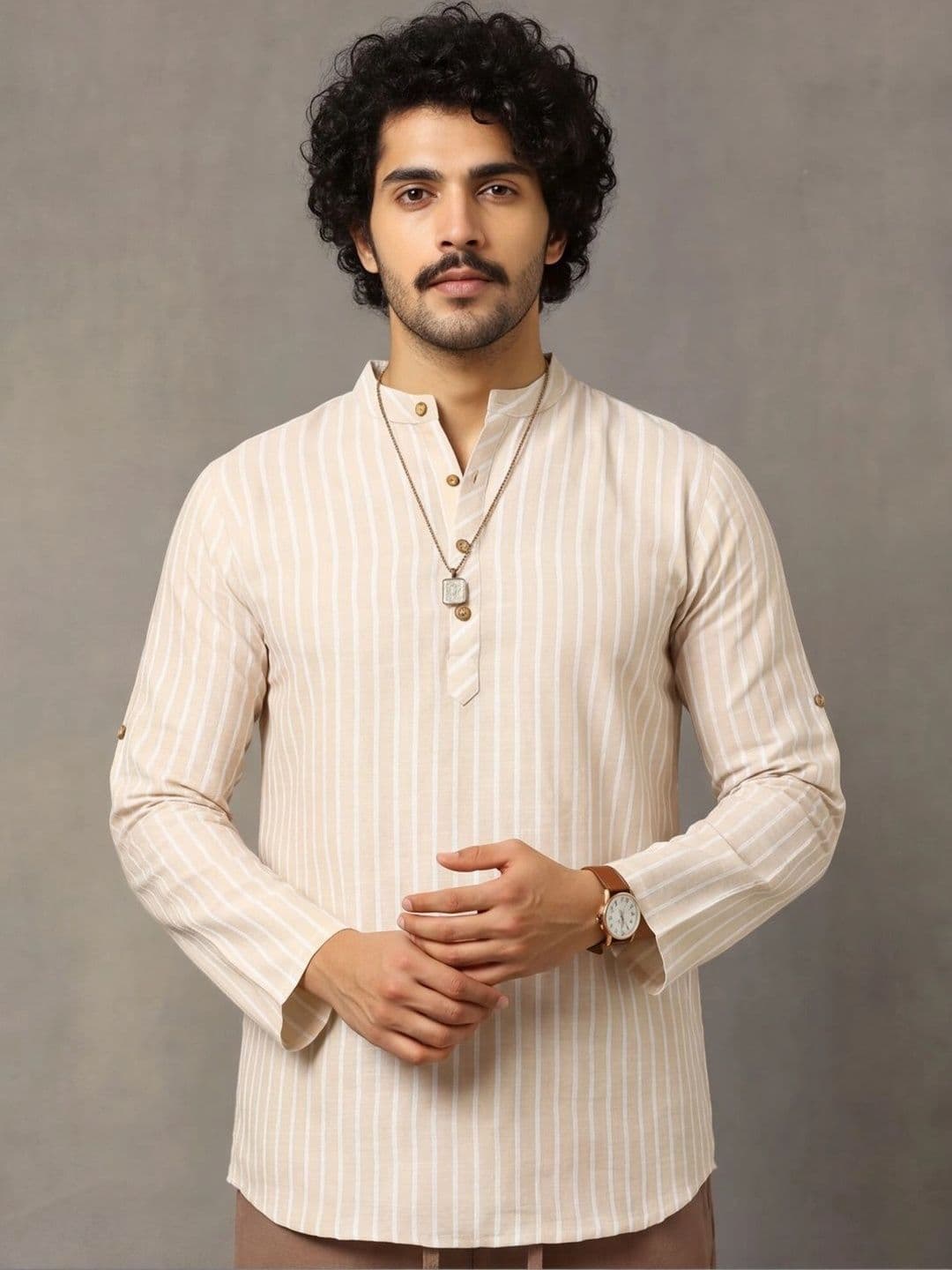 Navibhu Woven Design Striped Cotton Handloom Mandarin Collar Short Kurta thumbnail 7