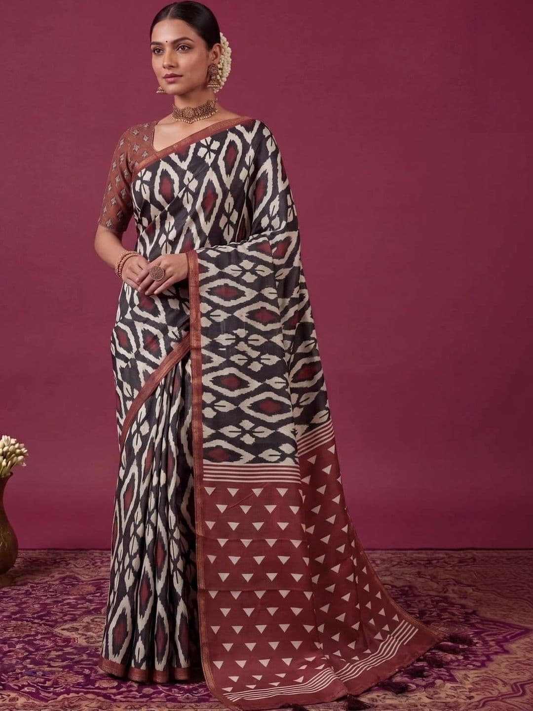 SAMANTHA Dabu Zari Silk Blend Ikat Saree - view 1