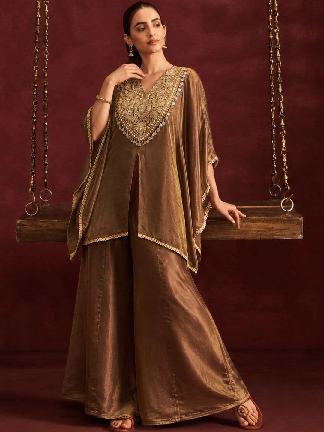 Colors  of Earth Colors of Earth Women Embroidered Regular Mirror Work Pure Silk Kurta with Palazzos - view 1