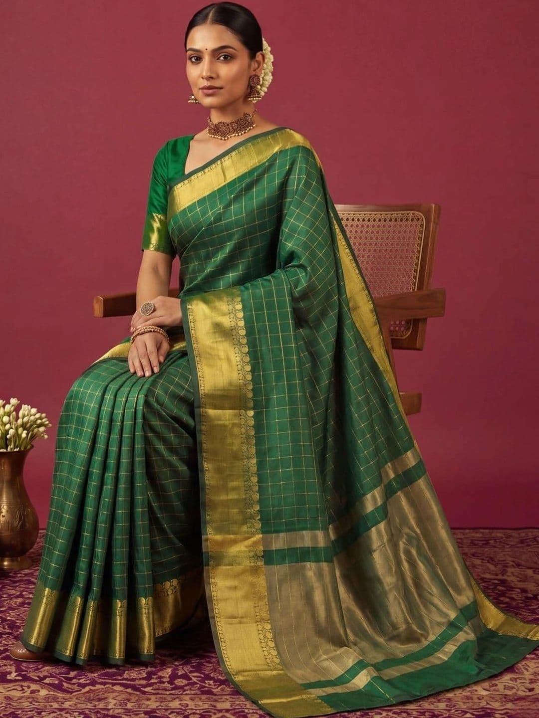 SAMANTHA Checked Zari Silk Blend Bomkai silk Saree thumbnail 2