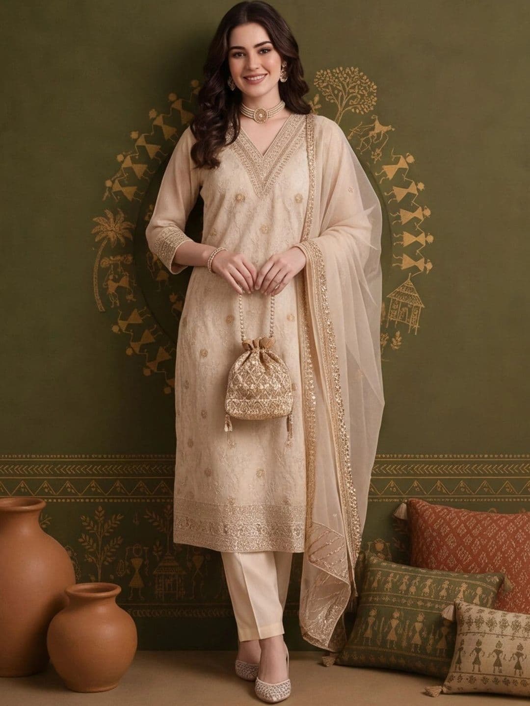 Anouk Women Ethnic Motifs Embroidered Regular Kurta with Trousers & With Dupatta - view 1