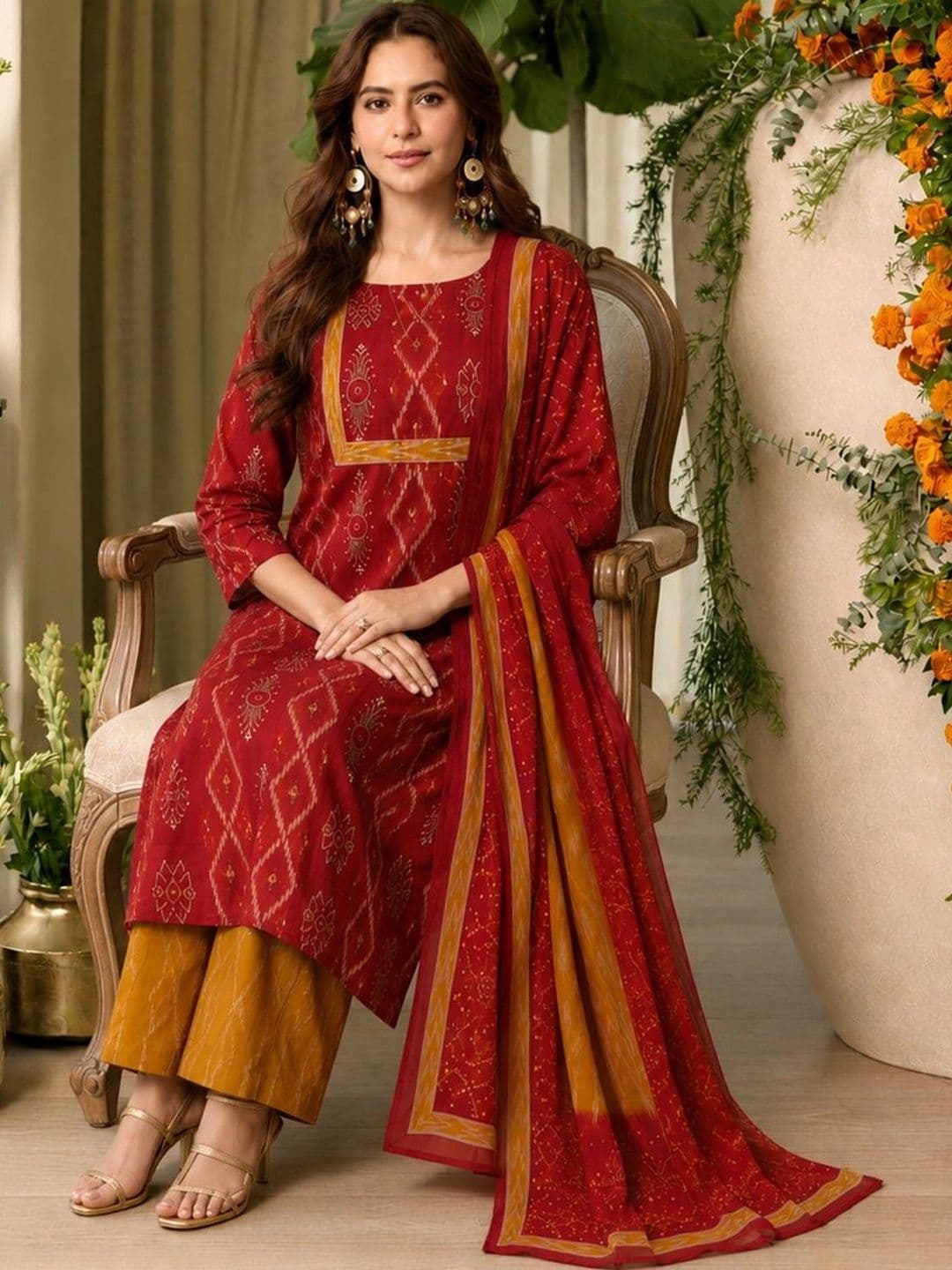 GoSriKi Women Ethnic Motifs Printed Regular Kurta with Trousers & With Dupatta thumbnail 2