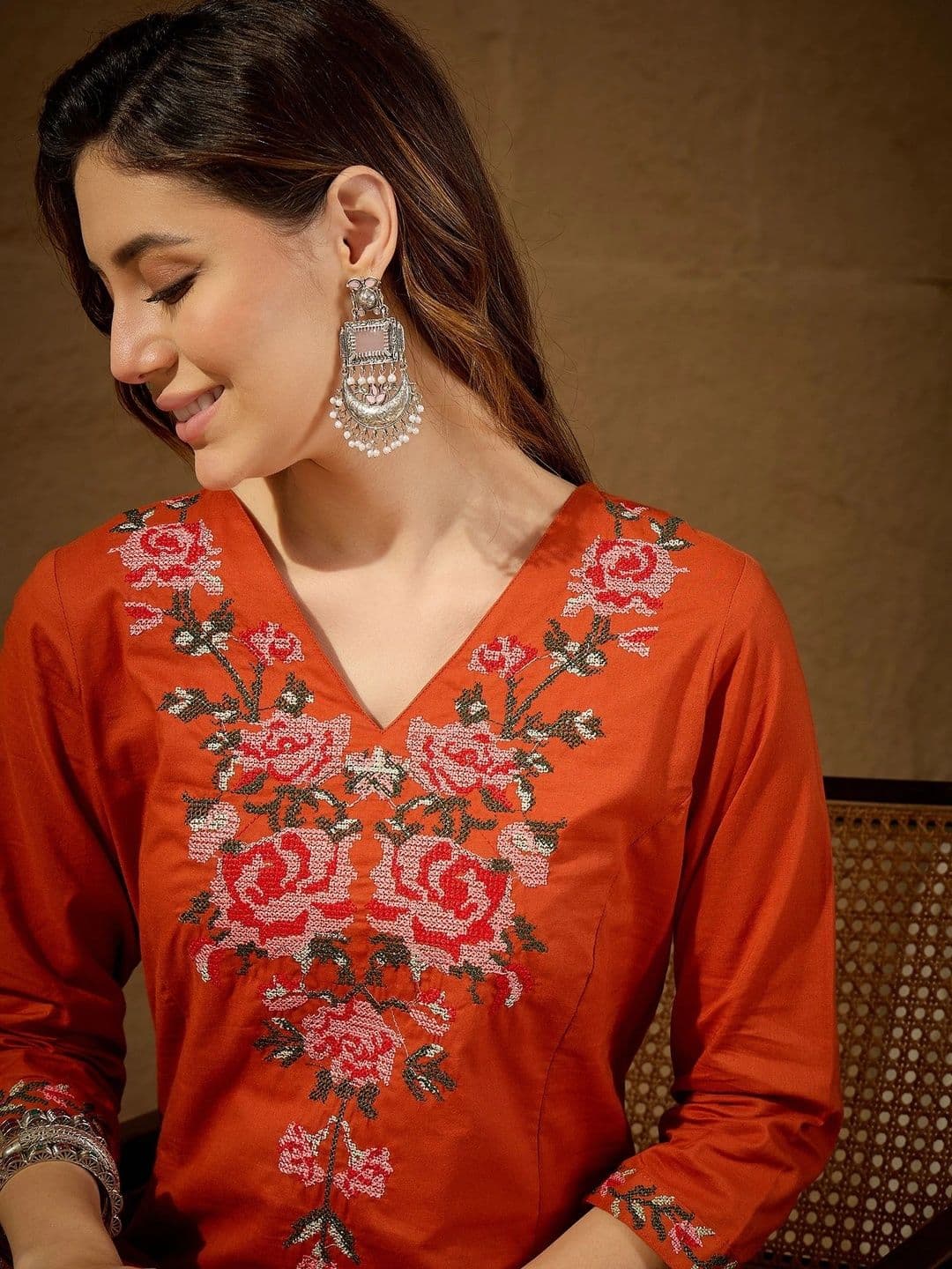 TRUVON FASHIONS Women Floral Embroidered Regular Thread Work Pure Cotton Kurta with Palazzos thumbnail 5