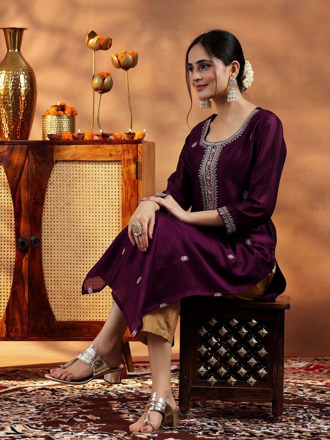 Libas Women Burgundy Embroidered Silk Straight Kurta - view 1