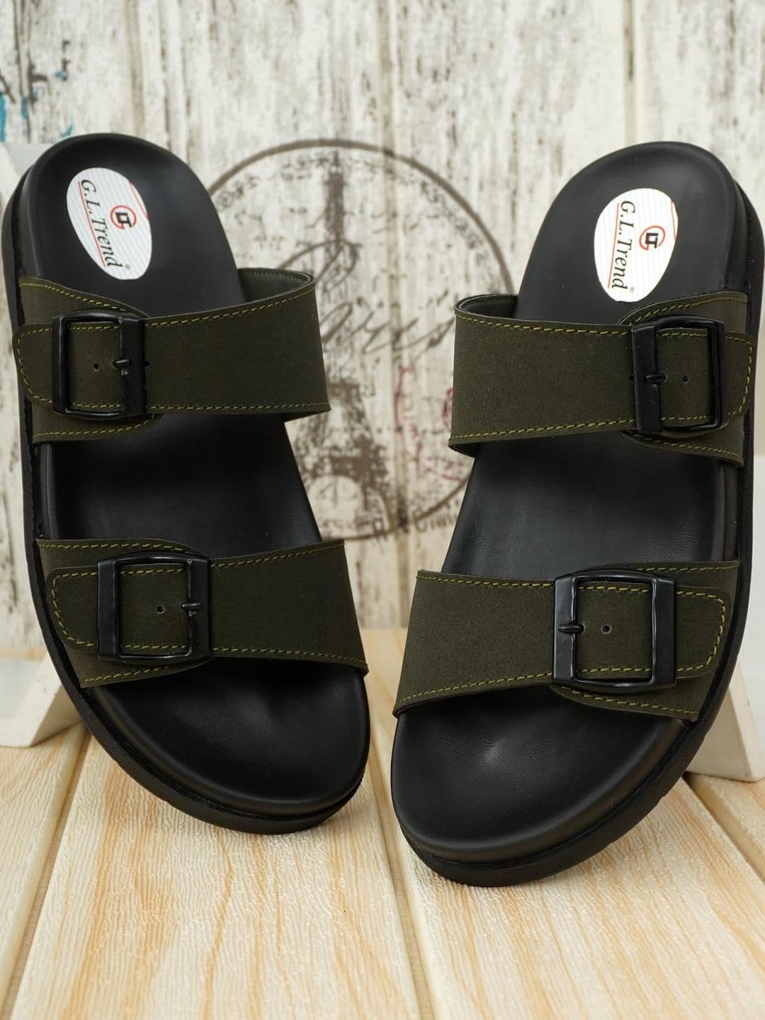 G L Trend Olive Leather Double-Strap Slip-On Water-Resistant Sandals - view 1