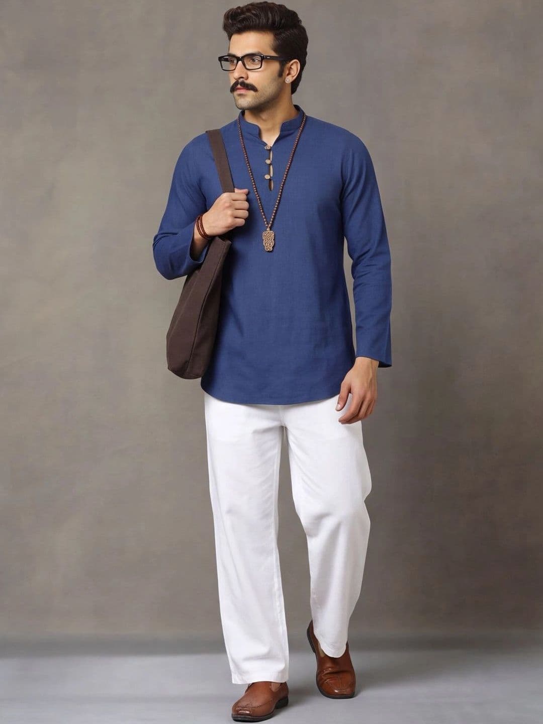 Navibhu Woven Design Solid Cotton Handloom Mandarin Collar Short Kurta - view 1