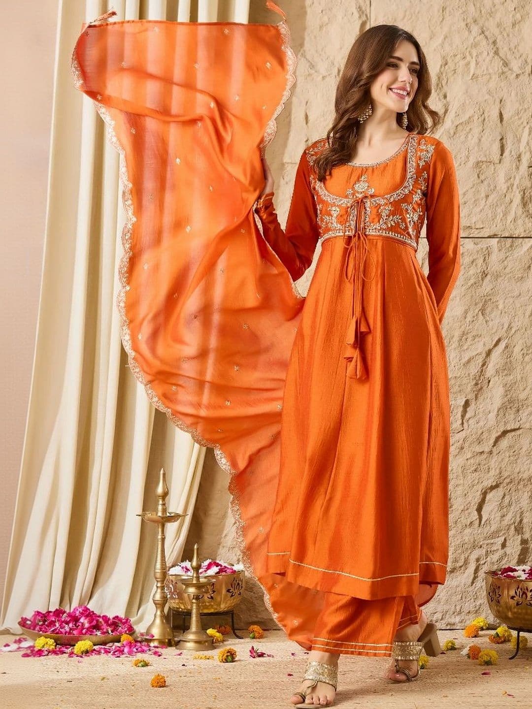 MOKOSH Women Ethnic Motifs Embroidered Empire Thread Work Pure Silk Kurta with Palazzos & With Dupatta - view 1