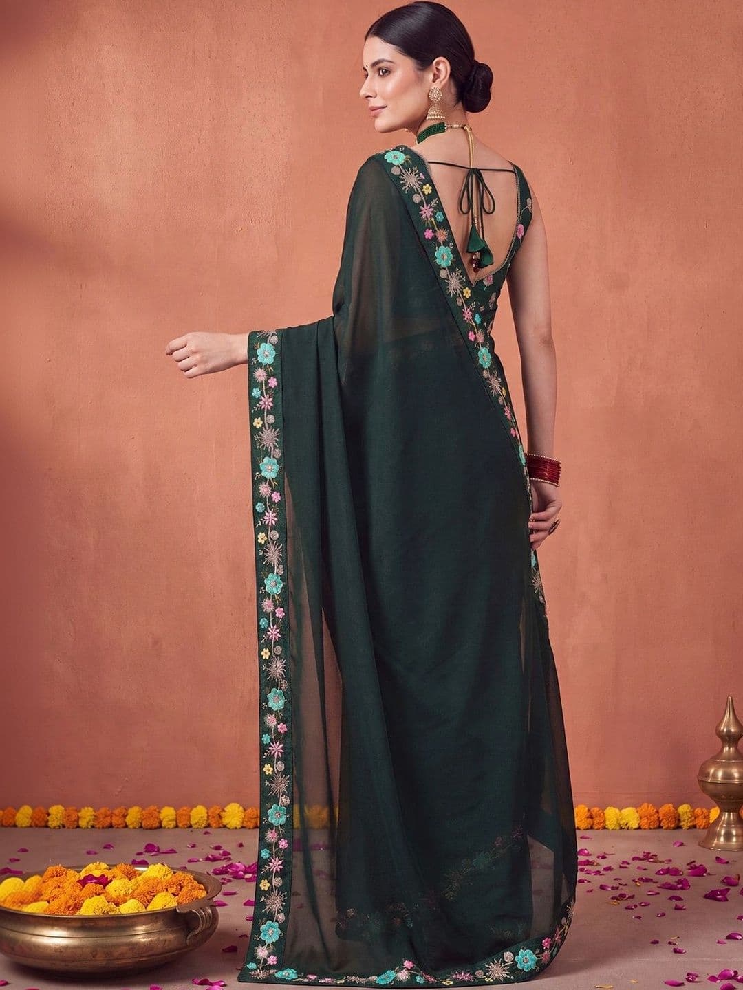 Anouk Floral Embroidered Poly Georgette Designer Saree thumbnail 3
