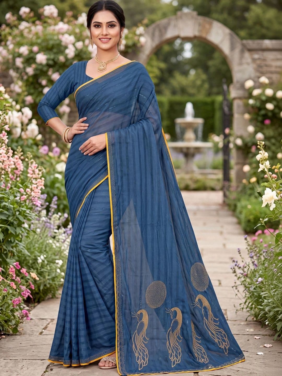 Jaipur Vogue Striped Embroidered Poly Georgette Saree - view 1