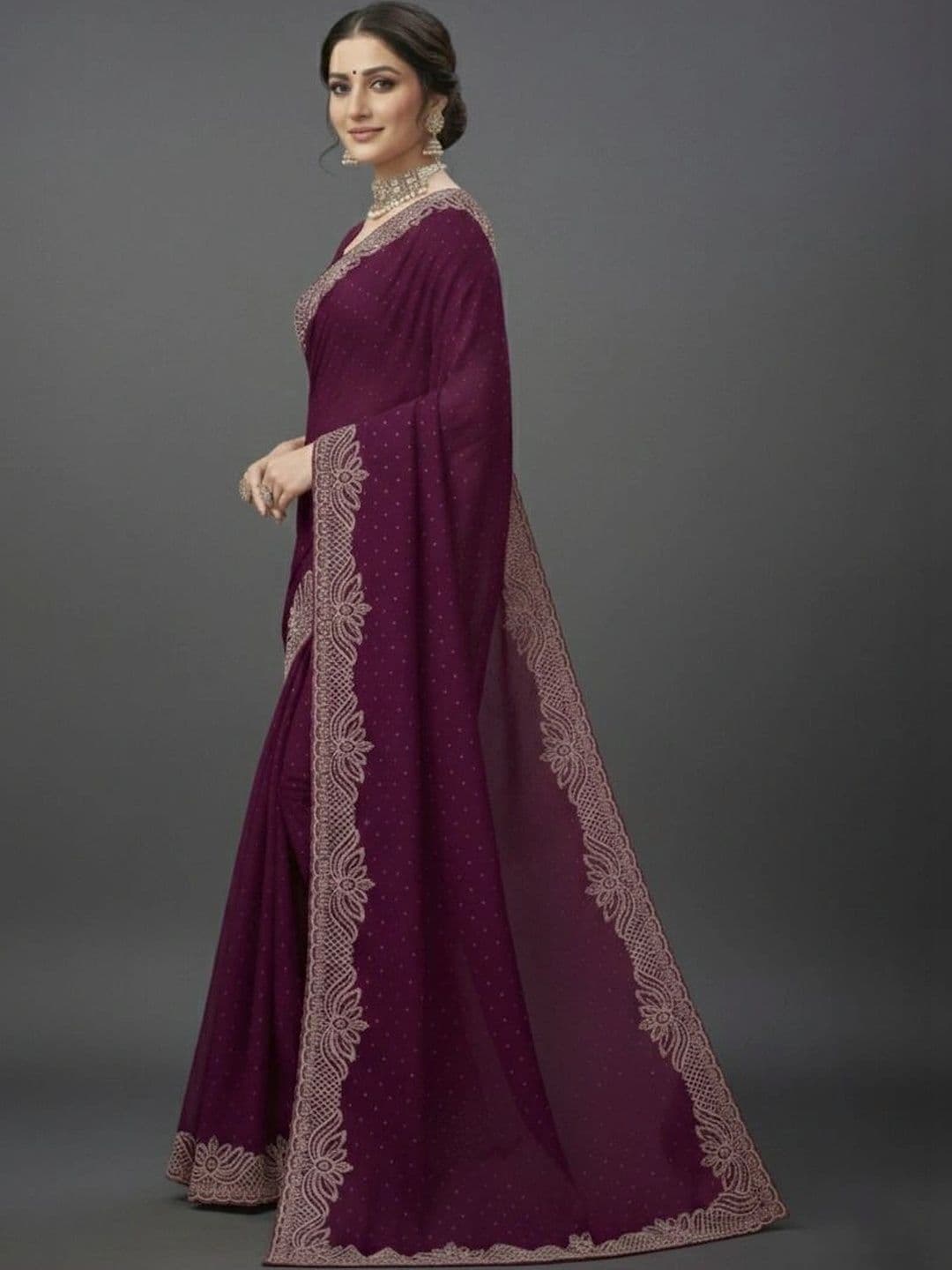 RENBRIZA Floral Embroidered Poly Georgette Saree - view 1