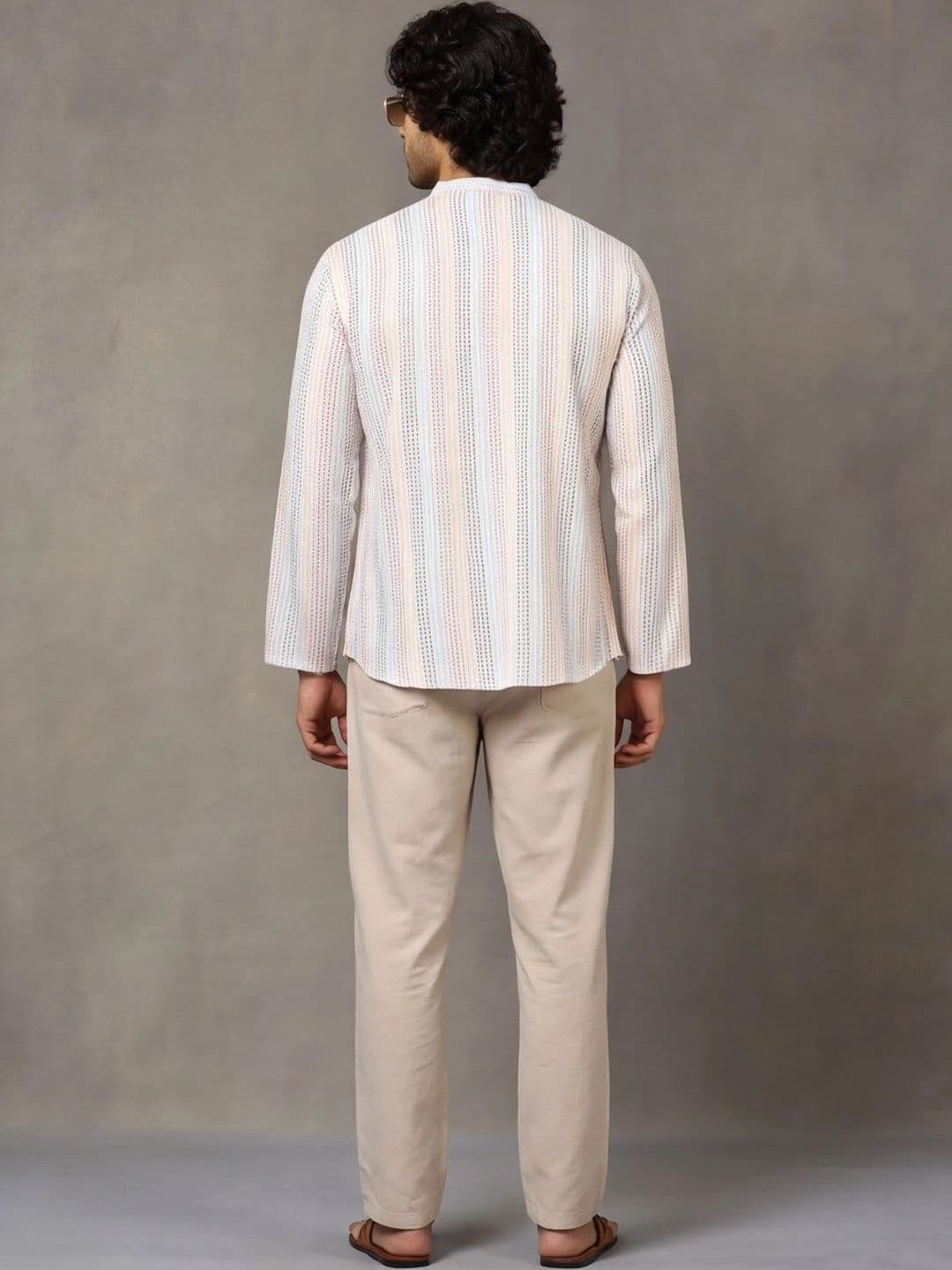 Navibhu Woven Design Striped Cotton Handloom Mandarin Collar Short Kurta thumbnail 4