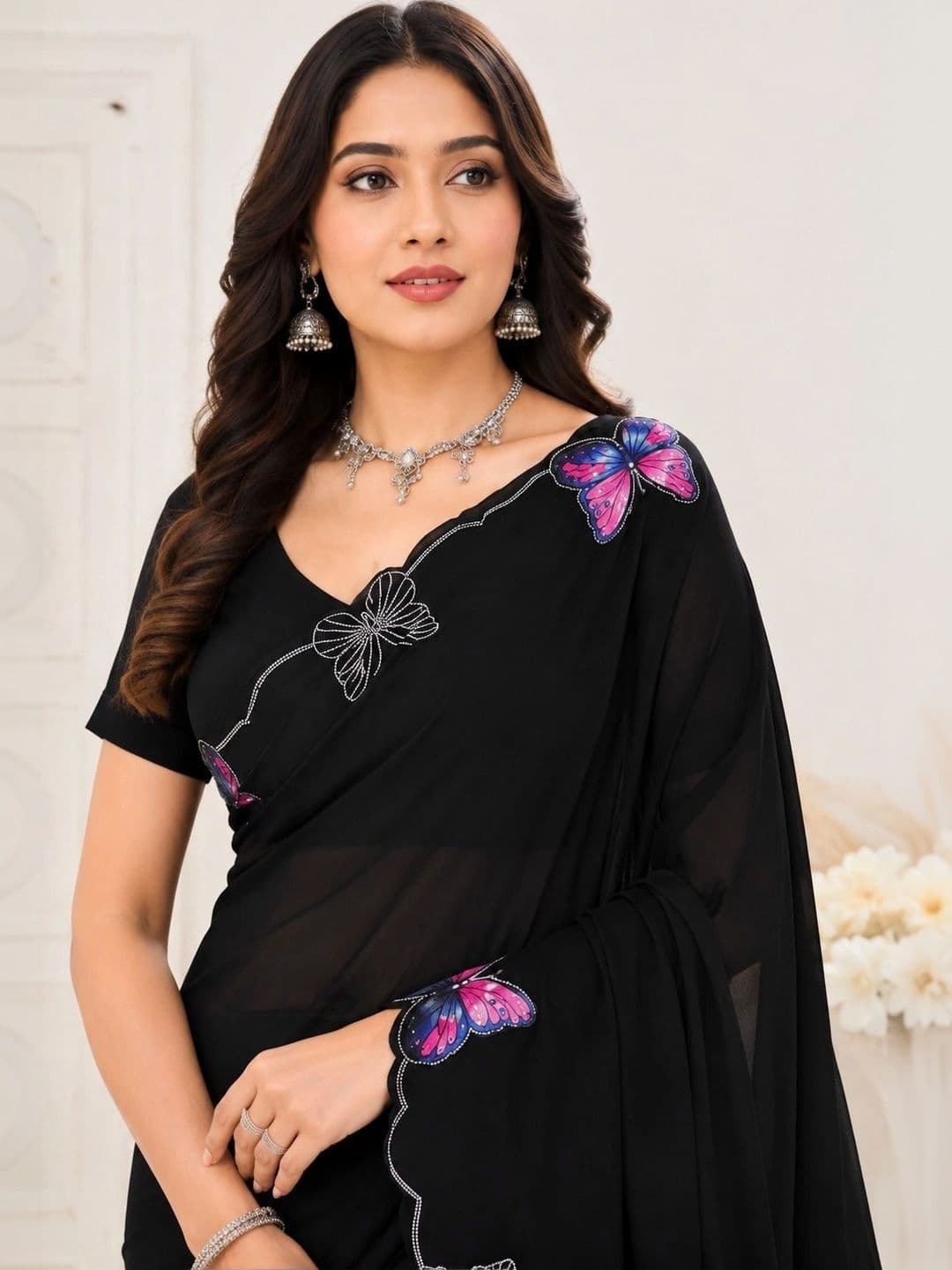 RENBRIZA Embroidered Poly Georgette Saree thumbnail 5