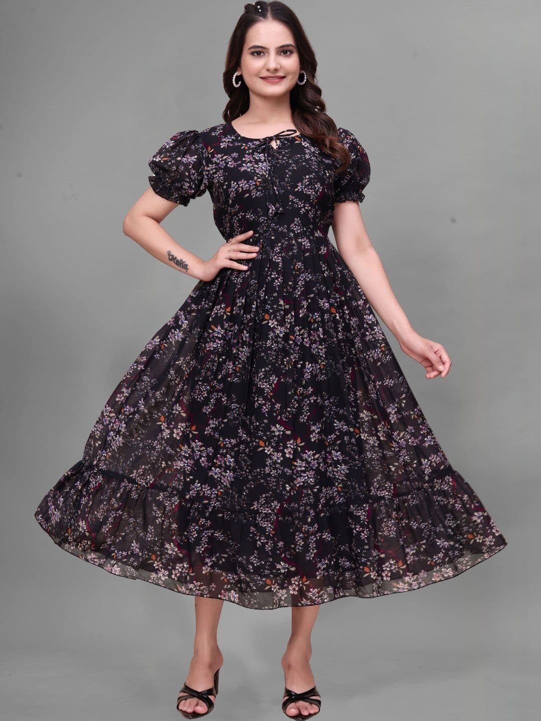 QENA Floral Print Puff Sleeve Georgette A-Line Midi Dress thumbnail 3