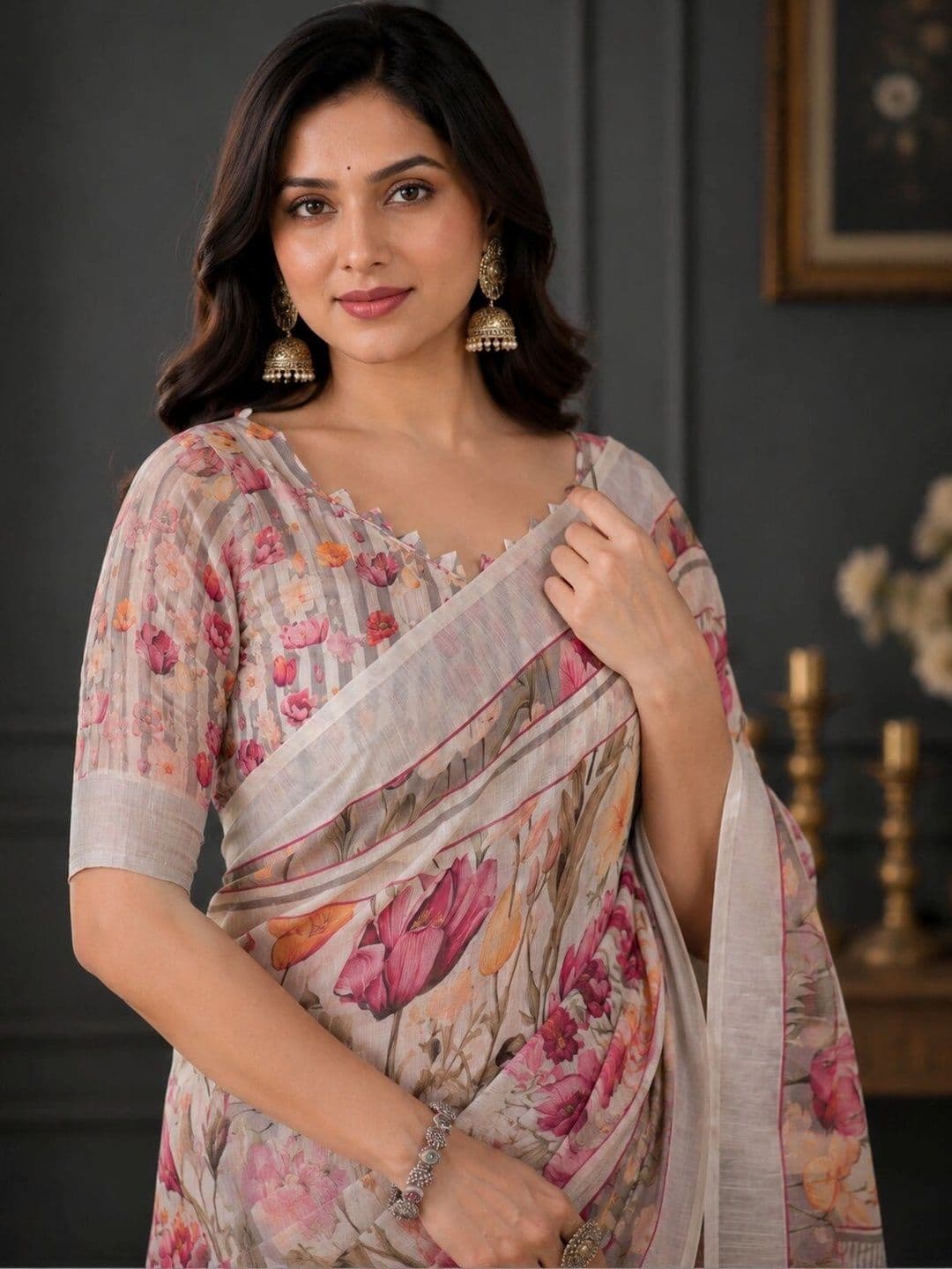 Moda Rapido Floral Linen Blend Bhagalpuri Saree thumbnail 3