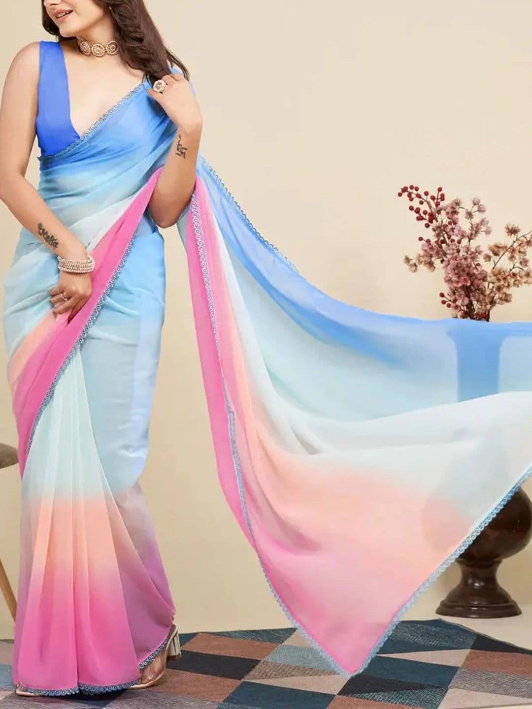 VS MALL Ombre Poly Georgette Half and Half Saree thumbnail 2