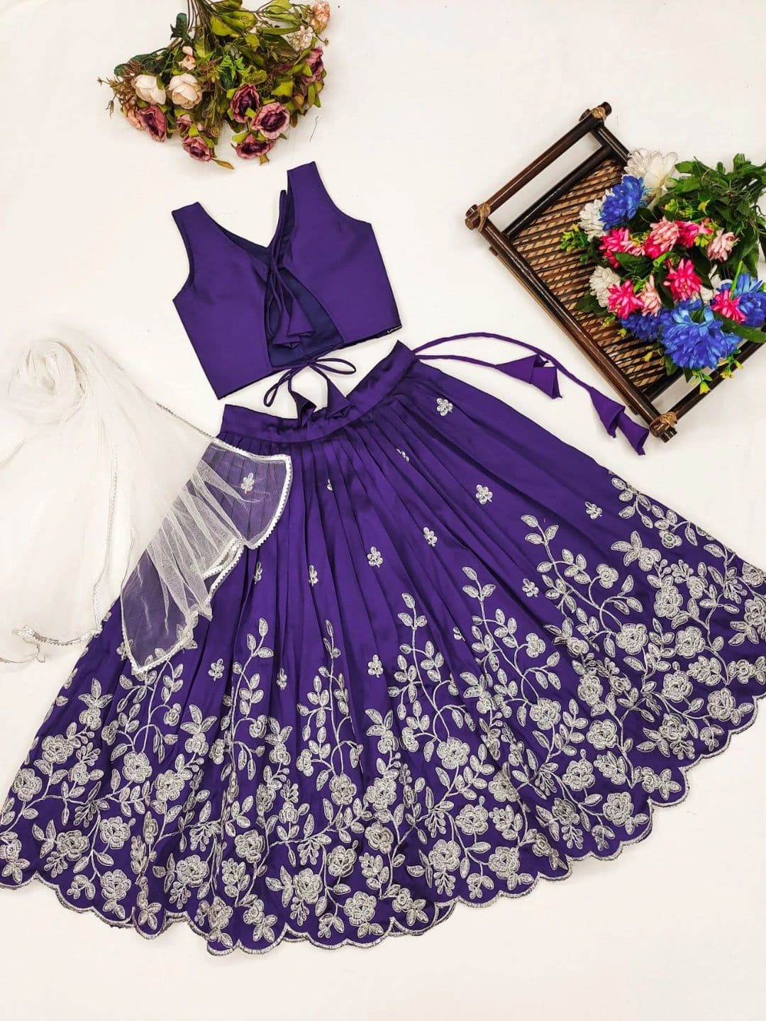 Sangria Girls Embroidered Thread Work Ready to Wear Lehenga & Blouse With Dupatta thumbnail 2
