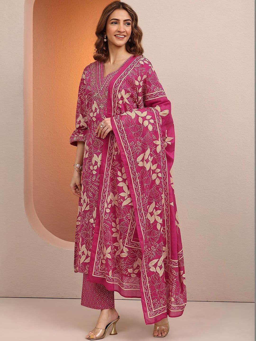Libas Women Floral Printed Regular Mirror Work Kurta with Trousers & With Dupatta - view 1