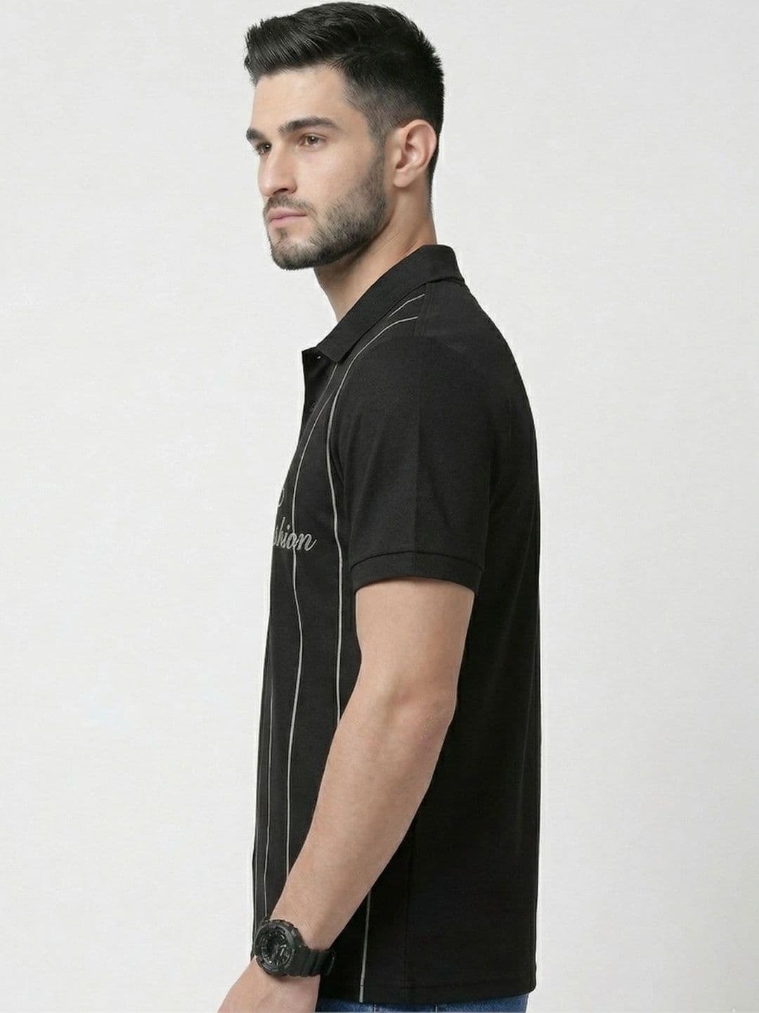 HERE&NOW Men Typography Striped Polo Collar T-shirt thumbnail 5