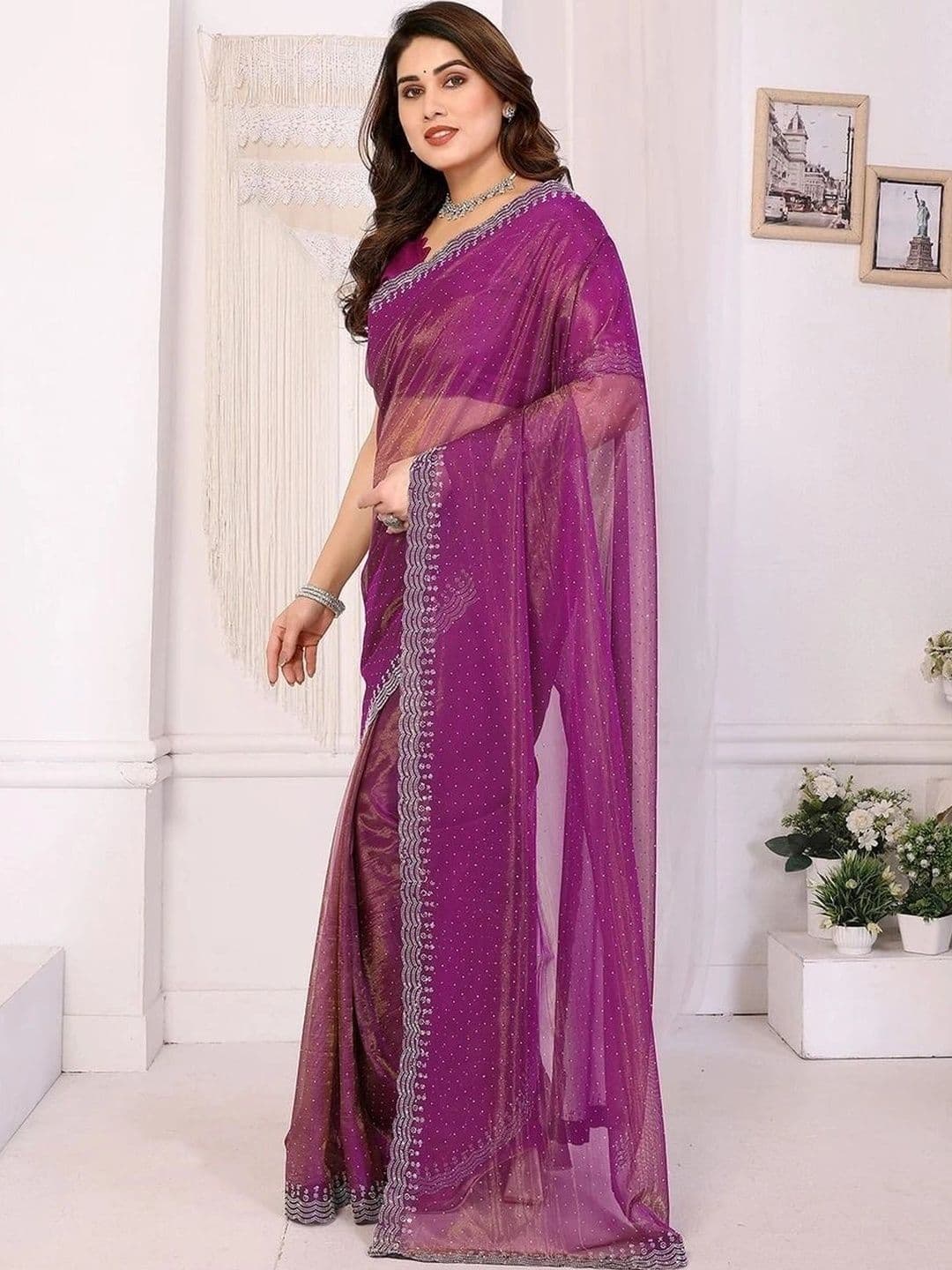 RENBRIZA Embellished Net Saree thumbnail 3