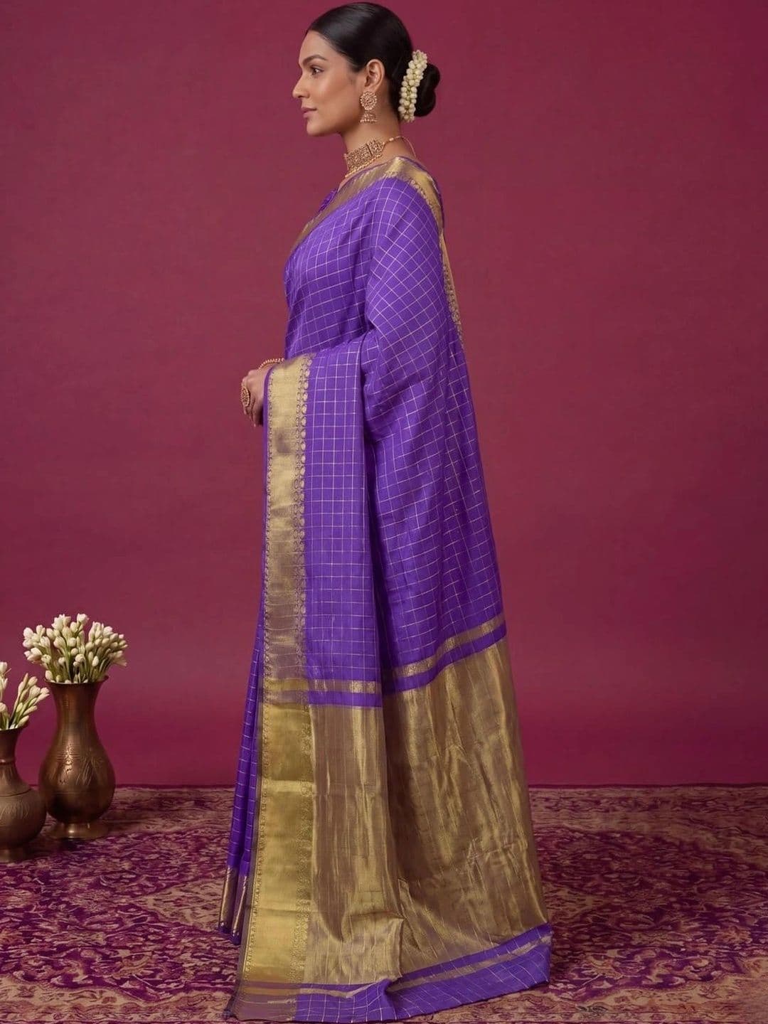 SAMANTHA Checked Zari Silk Blend Bomkai silk Saree thumbnail 6