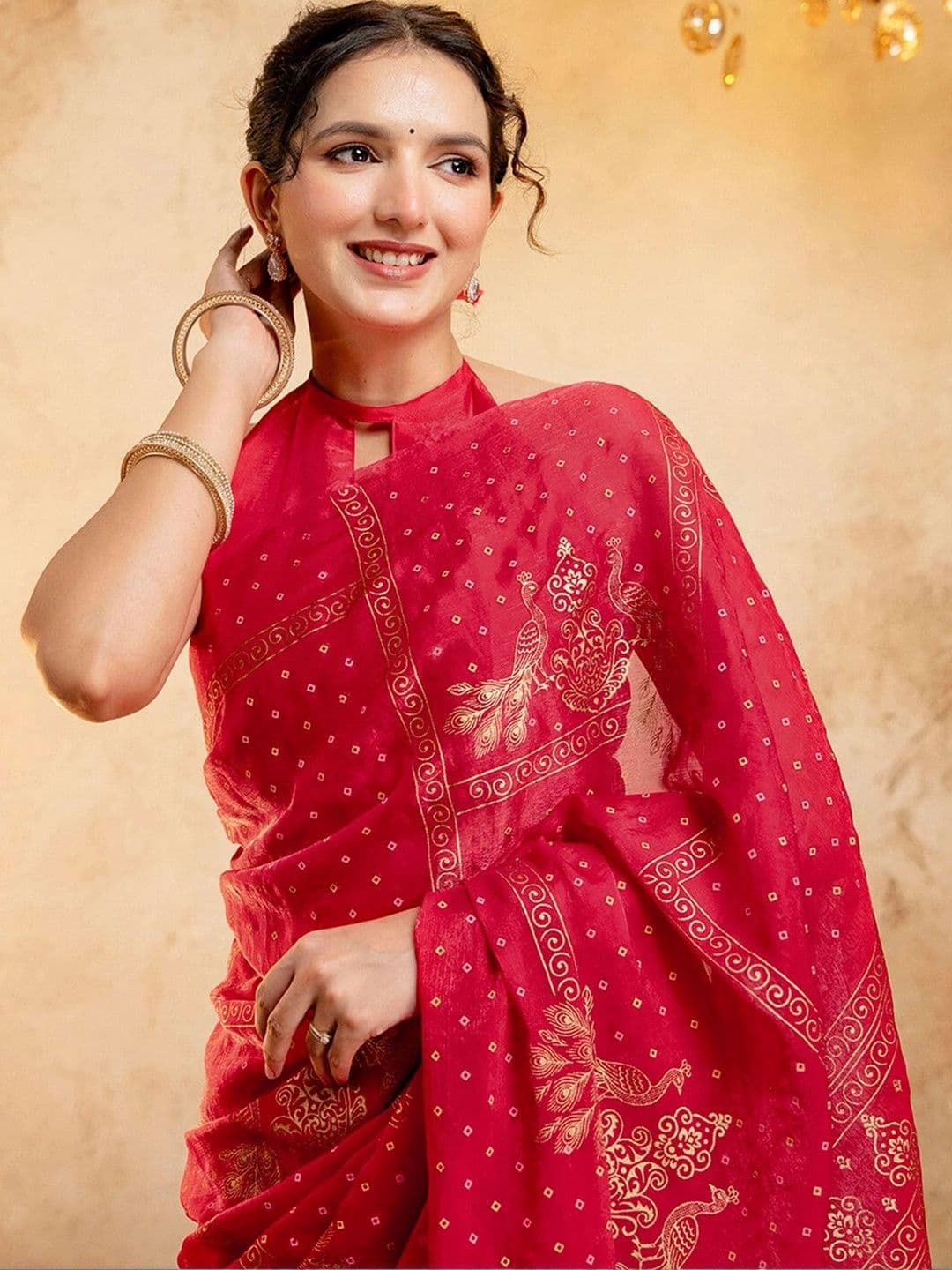 KALINI Bandhani Zari Poly Chiffon Fusion Bandhani Saree thumbnail 3