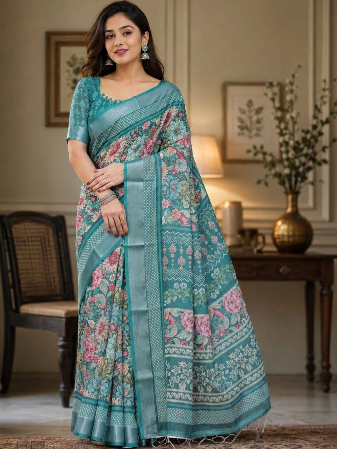 HERE&NOW Floral Linen Blend Bhagalpuri Saree - view 1