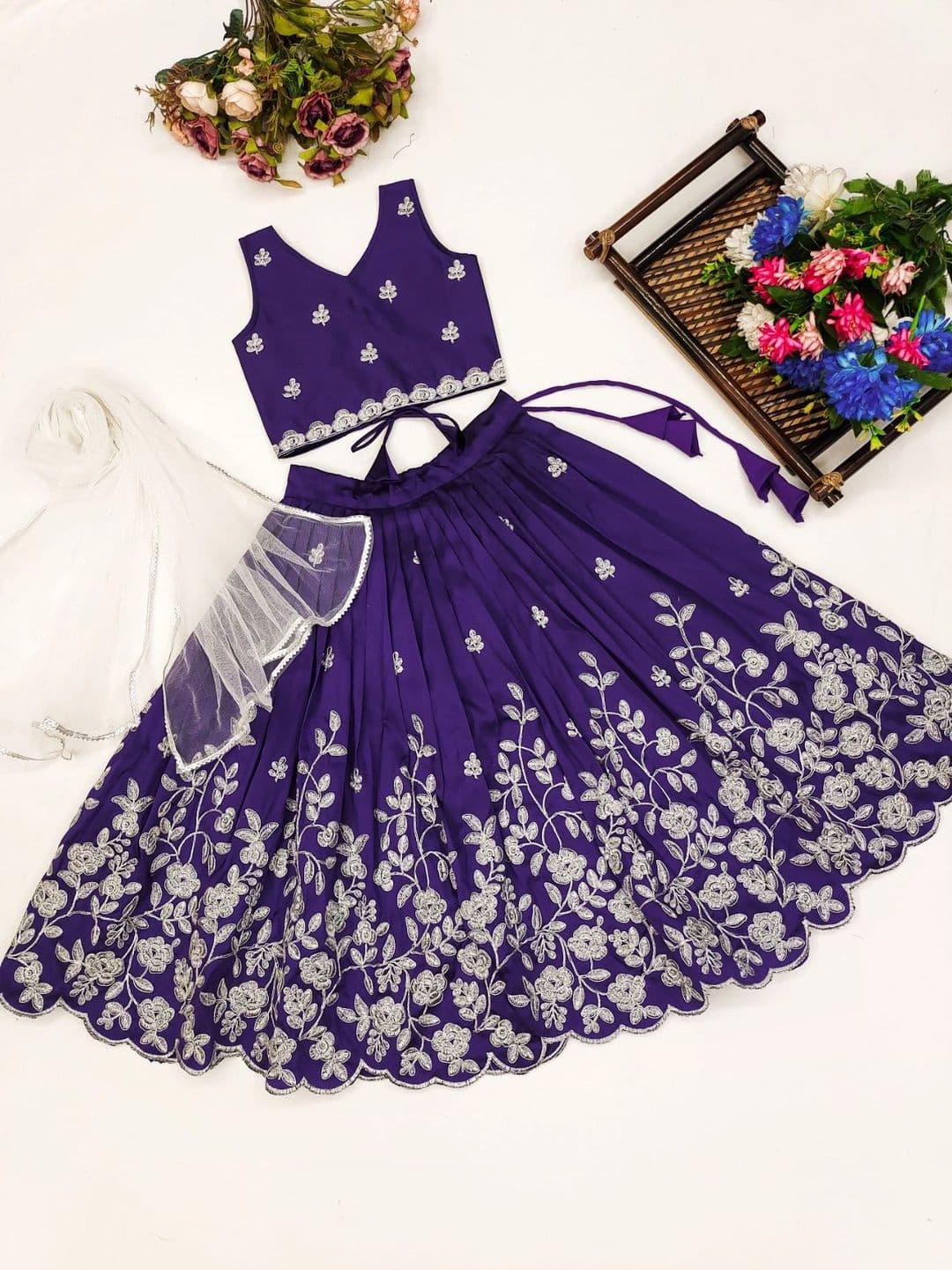 Sangria Girls Embroidered Thread Work Ready to Wear Lehenga & Blouse With Dupatta thumbnail 3