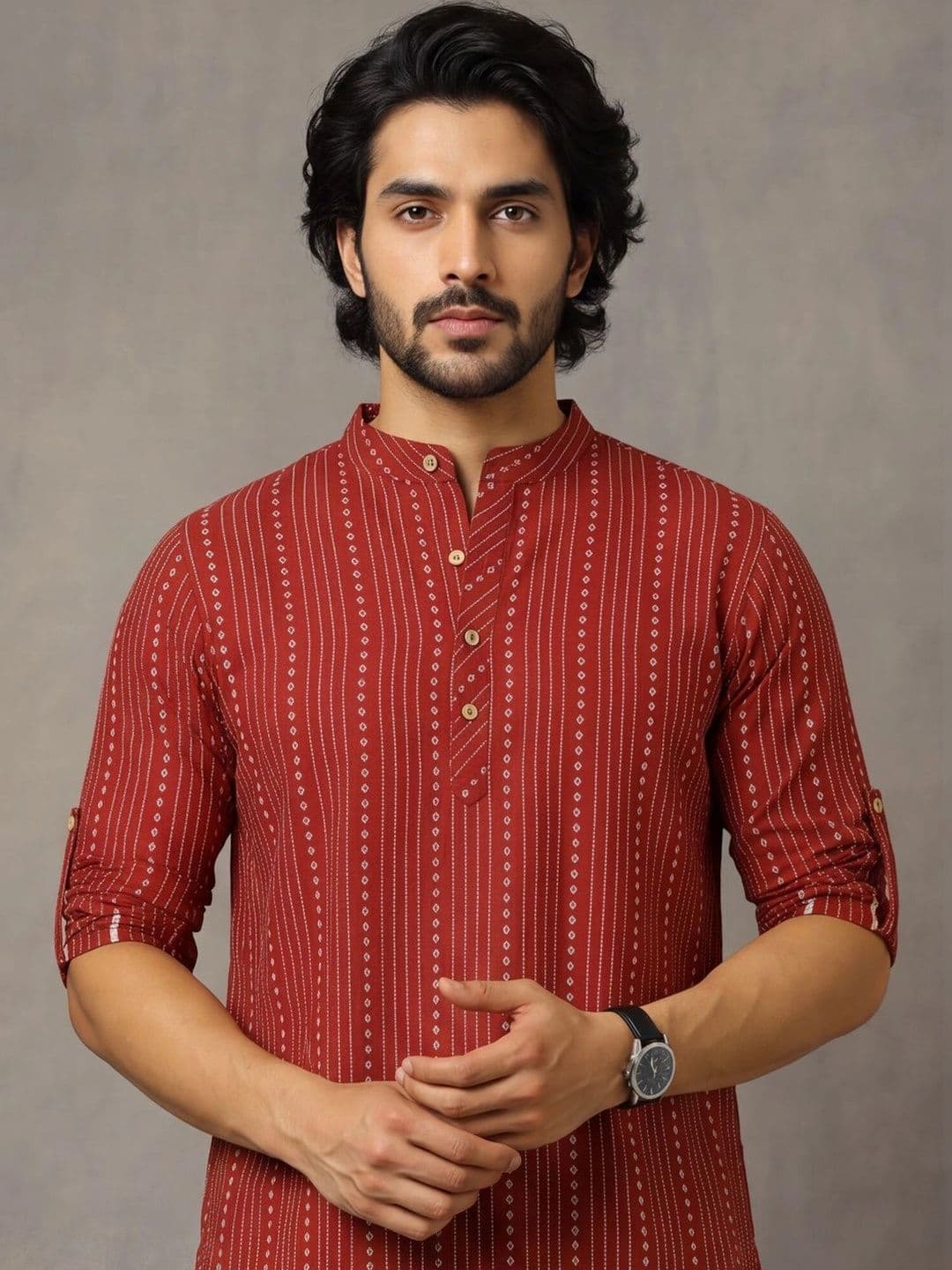 Navibhu Woven Design Abstract Cotton Handloom Mandarin Collar Short Kurta thumbnail 3