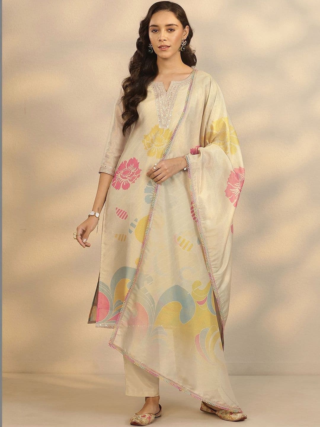 Libas Women Floral Printed Regular Thread Work Kurta with Trousers & With Dupatta - view 1