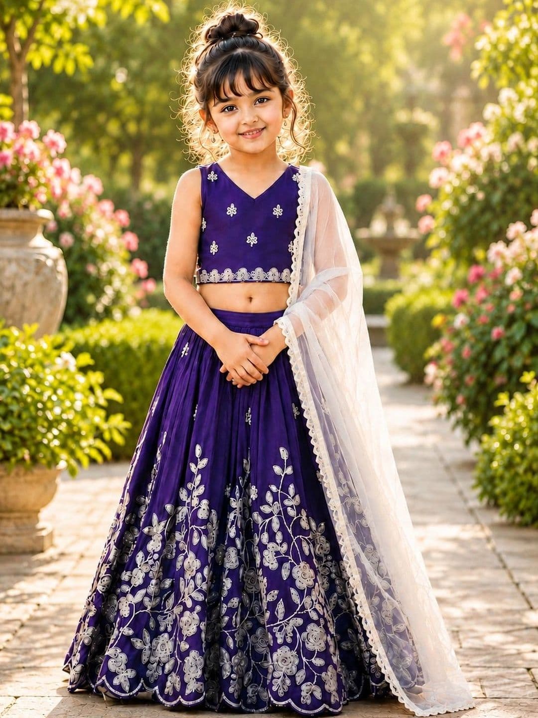 Sangria Girls Embroidered Thread Work Ready to Wear Lehenga & Blouse With Dupatta - view 1