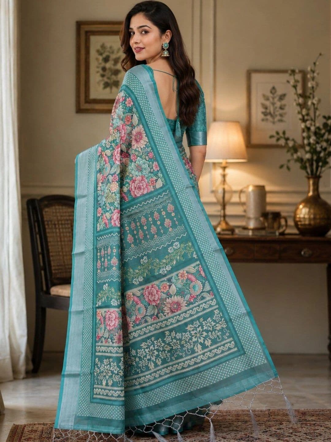 Moda Rapido Floral Linen Blend Bhagalpuri Saree thumbnail 3