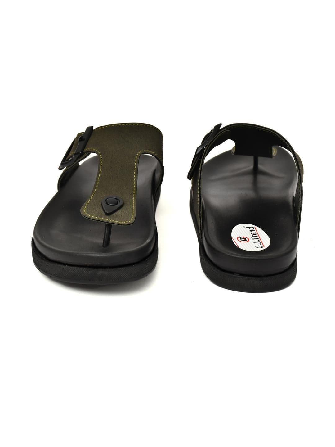 G L Trend Men Water-Resistant Olive Leather Slip-On T-Strap Sandals thumbnail 4