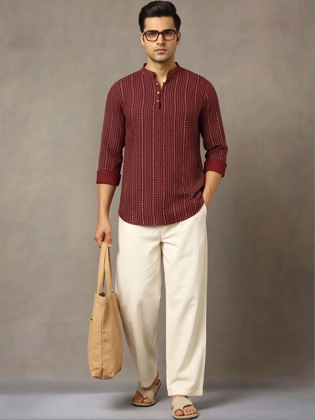 Navibhu Woven Design Striped Cotton Handloom Mandarin Collar Short Kurta - view 1