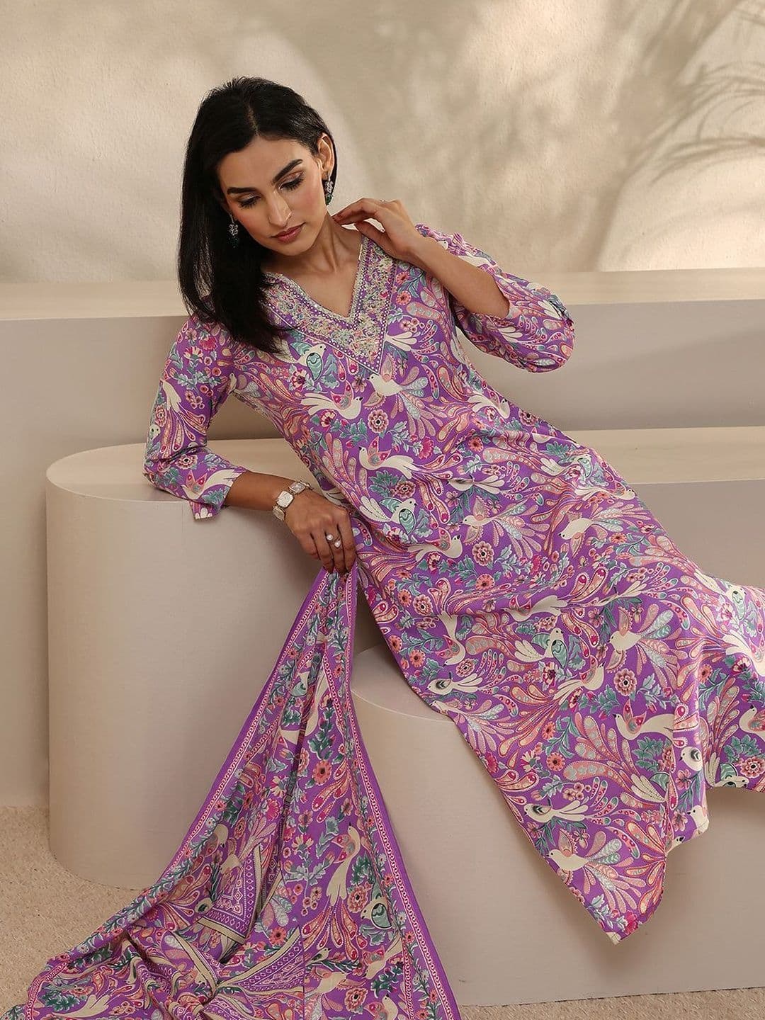 Gerua By Libas Women Ethnic Motifs Printed Regular Thread Work Kurta with Trousers & With Dupatta thumbnail 6