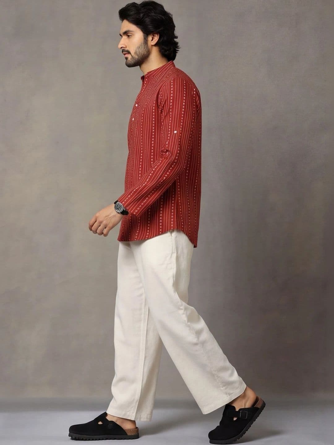 Navibhu Woven Design Abstract Cotton Handloom Mandarin Collar Short Kurta thumbnail 2