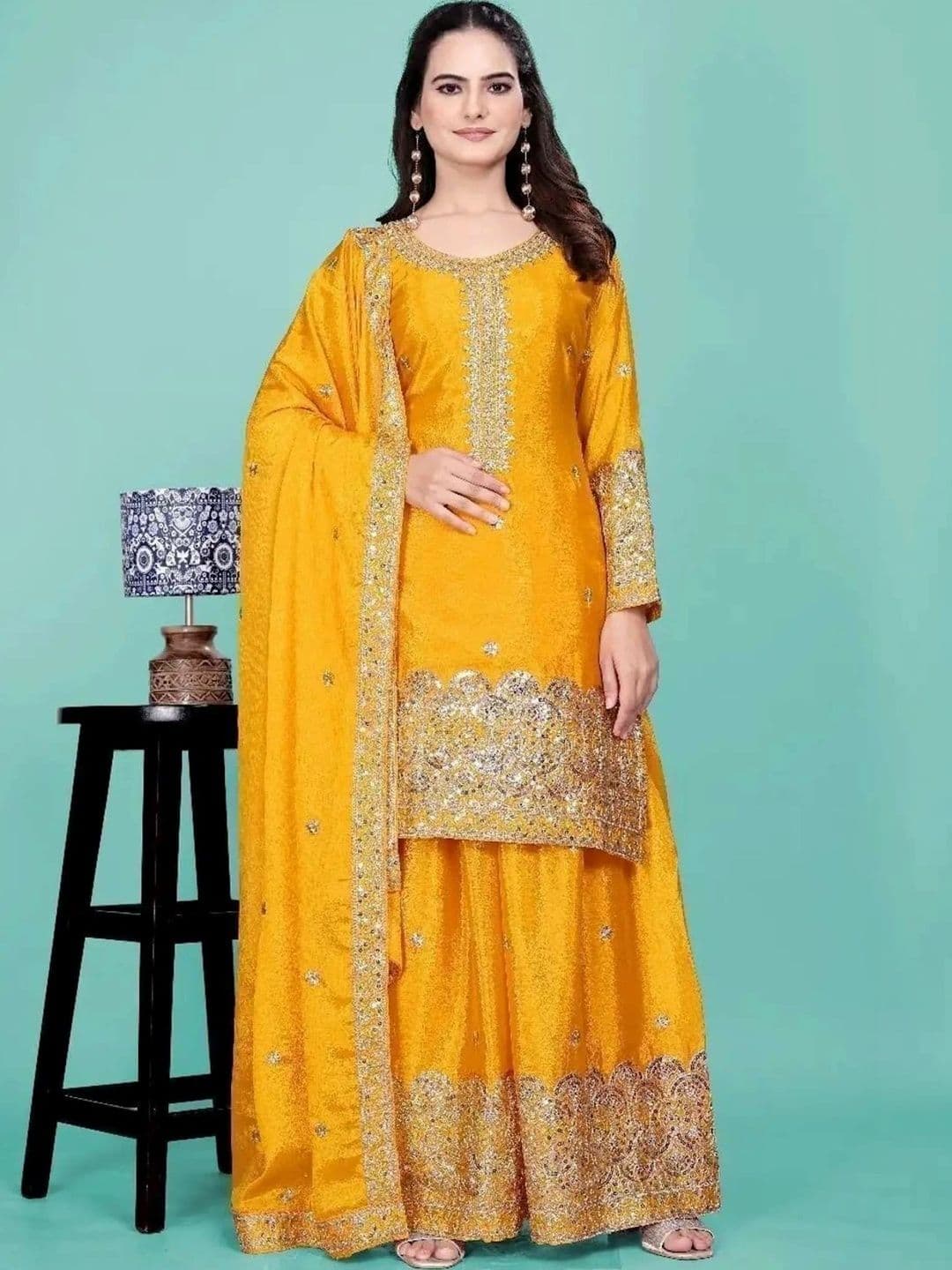 mudra creation Women Floral Regular Gotta Patti Kurta with Sharara & With Dupatta - view 1