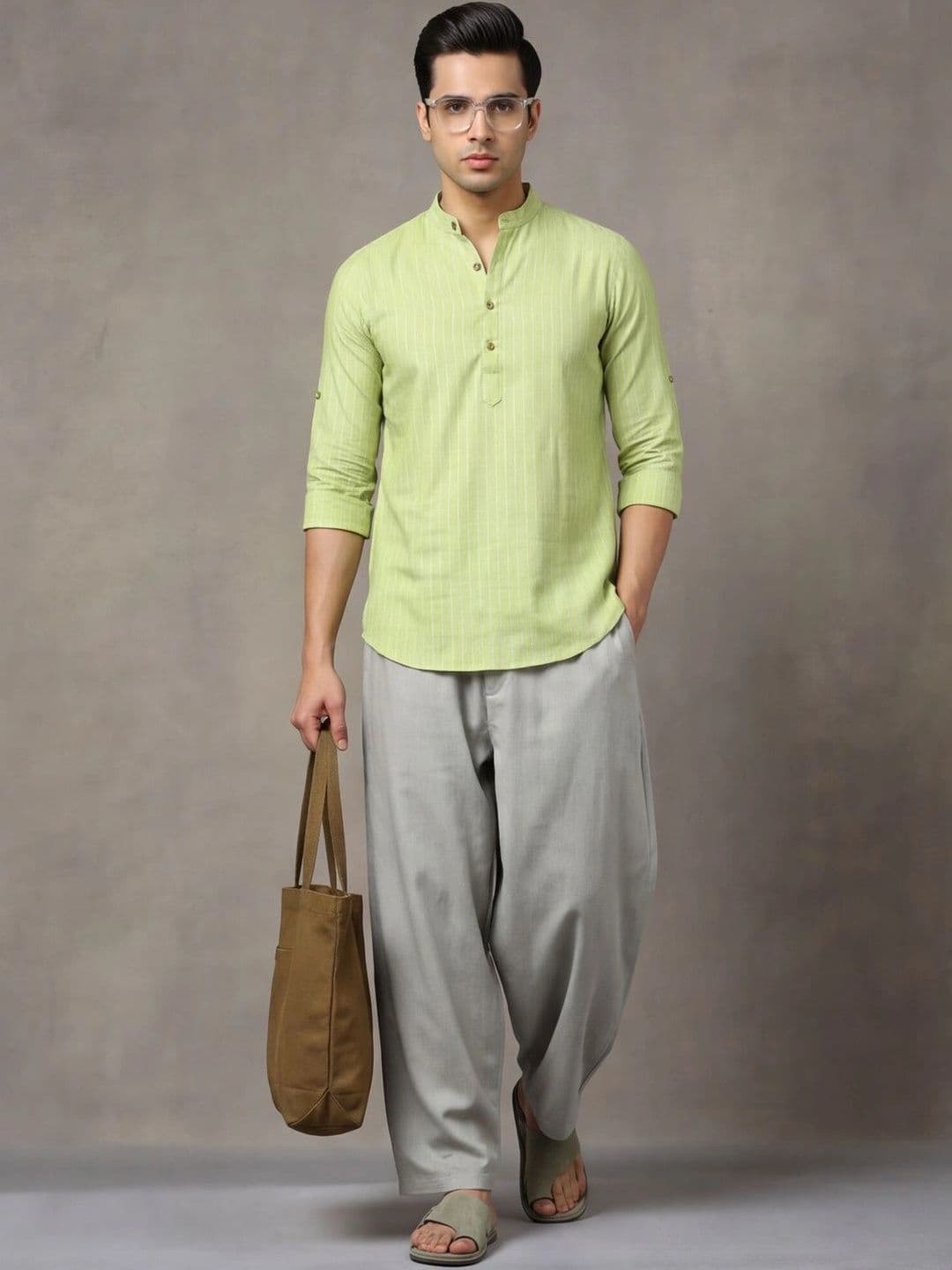 Navibhu Woven Design Solid Cotton Handloom Mandarin Collar Short Kurta - view 1