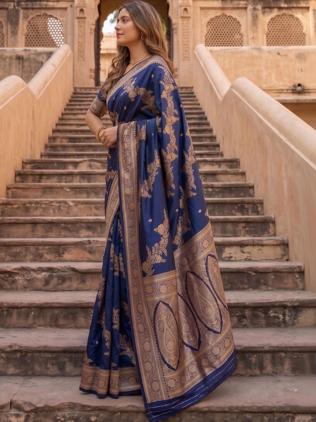 ROOP RADHIKA Woven Design Zari Silk Blend Designer Banarasi Saree thumbnail 3