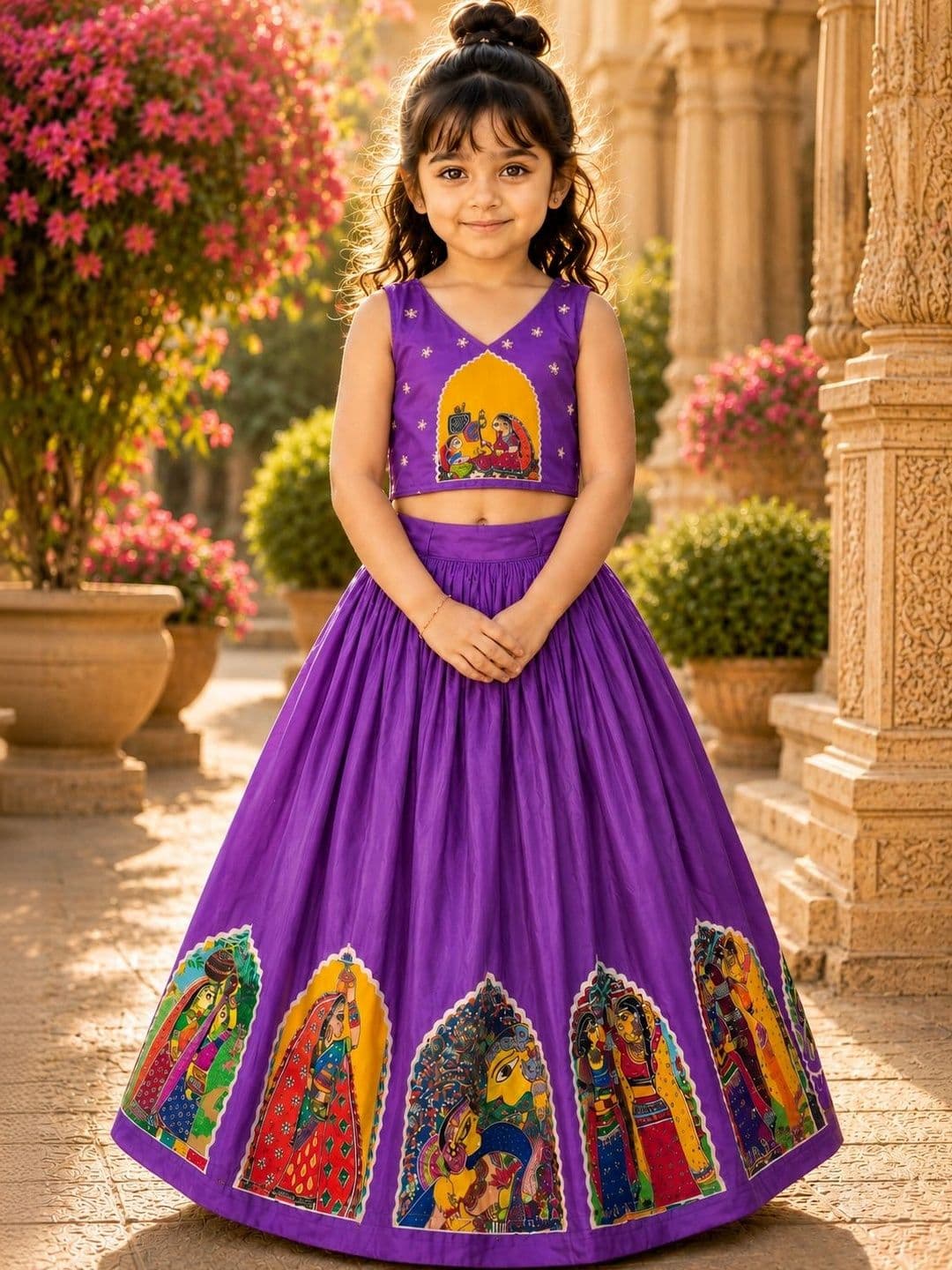 Sangria Girls Printed Kalamkari Ready to Wear Lehenga & - view 1
