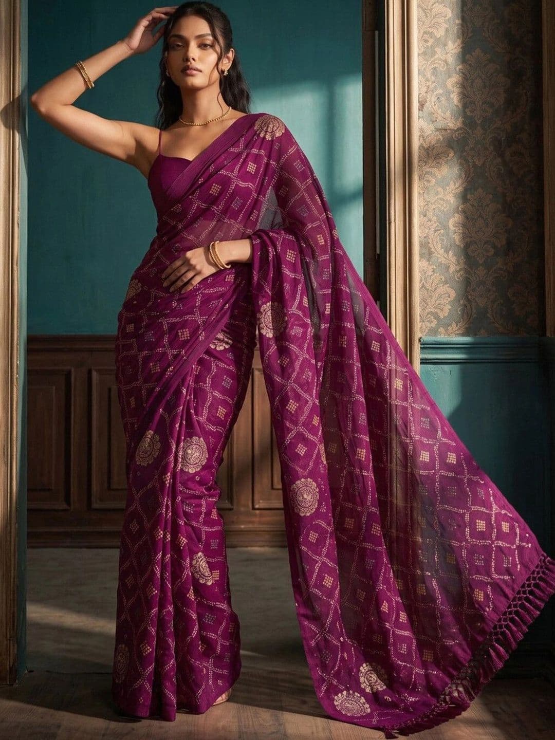 DRIP CHOWK Bandhani Pure Chiffon Fusion Saree thumbnail 6
