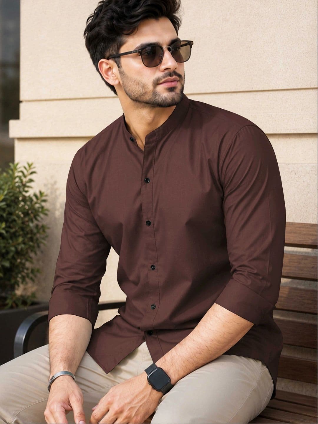 VeBNoR Men Standard Fit Solid Mandarin Collar Casual Shirt thumbnail 3