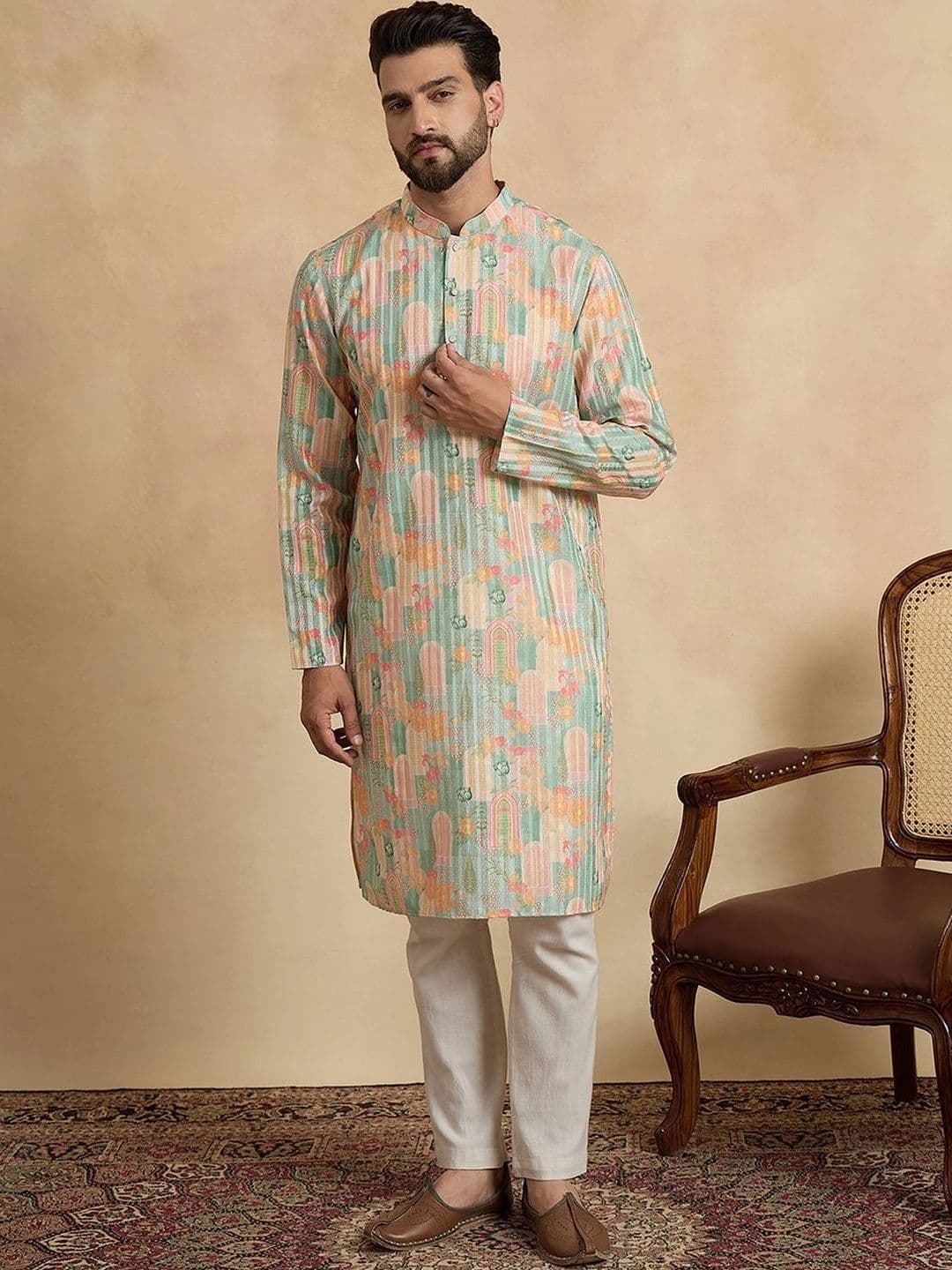 House of Pataudi Motifs Printed Mandarin Collar Knee Length Straight Kurta thumbnail 7