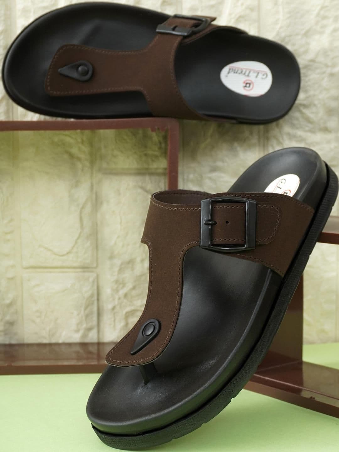 G L Trend Men Water-Resistant Brown Leather Slip-On T-Strap Sandals - view 1