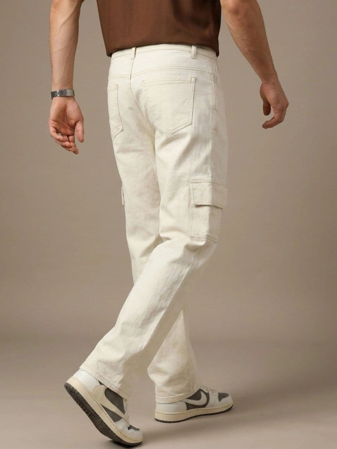 HERE&NOW Men's Mid-Rise Clean Look Contrast Stitched Cargo Relaxed Straight Fit Jeans thumbnail 2
