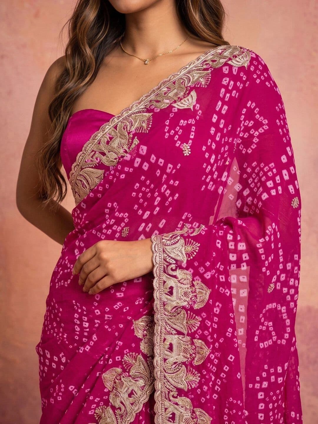 DRIP CHOWK Bandhani Embroidered Pure Georgette Fusion Bandhani Saree thumbnail 7