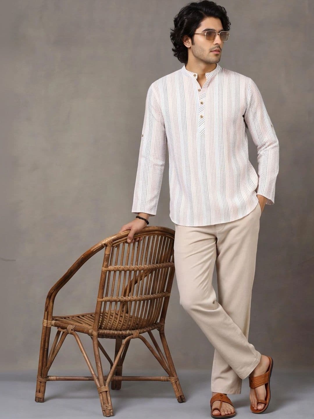 Navibhu Woven Design Striped Cotton Handloom Mandarin Collar Short Kurta - view 1