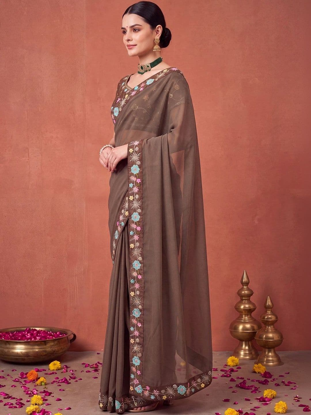 Anouk Floral Embroidered Poly Georgette Designer Saree thumbnail 2